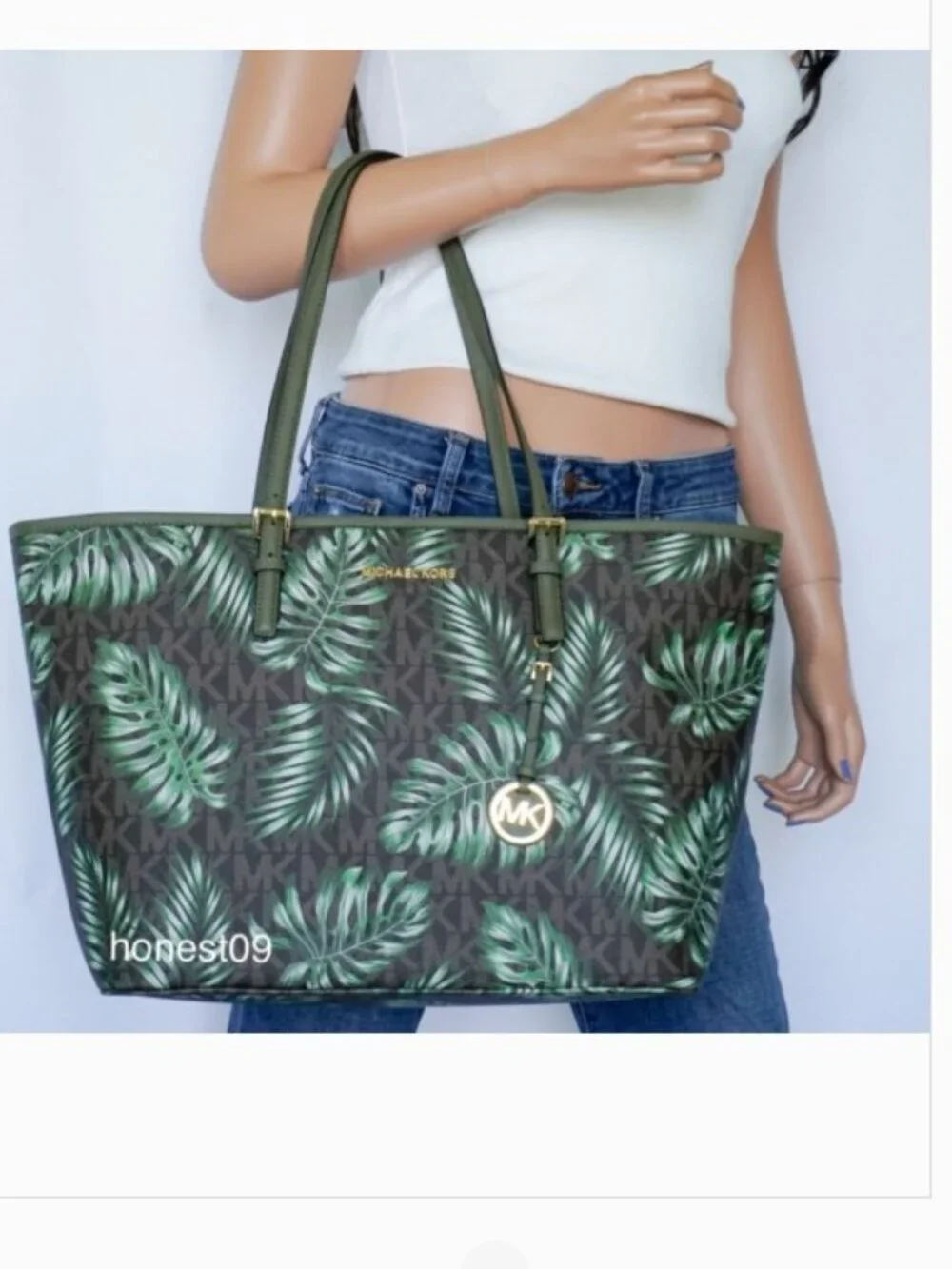 Michael Kors Jet Set Travel Large Carryall Tote Brown MK Signature Olive Palm